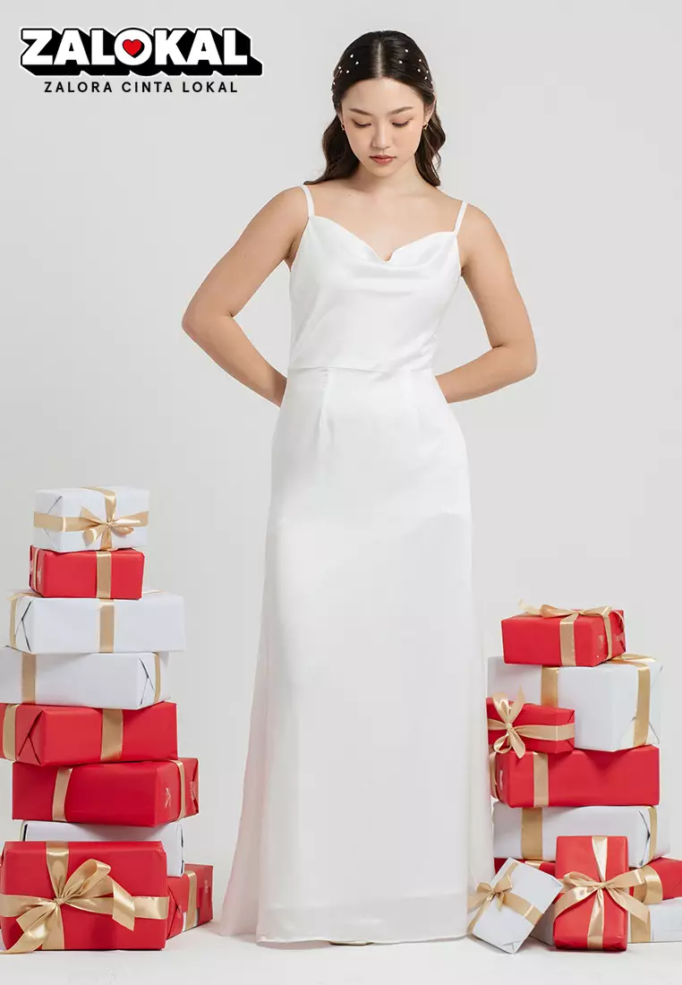 Cowl Neck Backless Maxi Dress in White