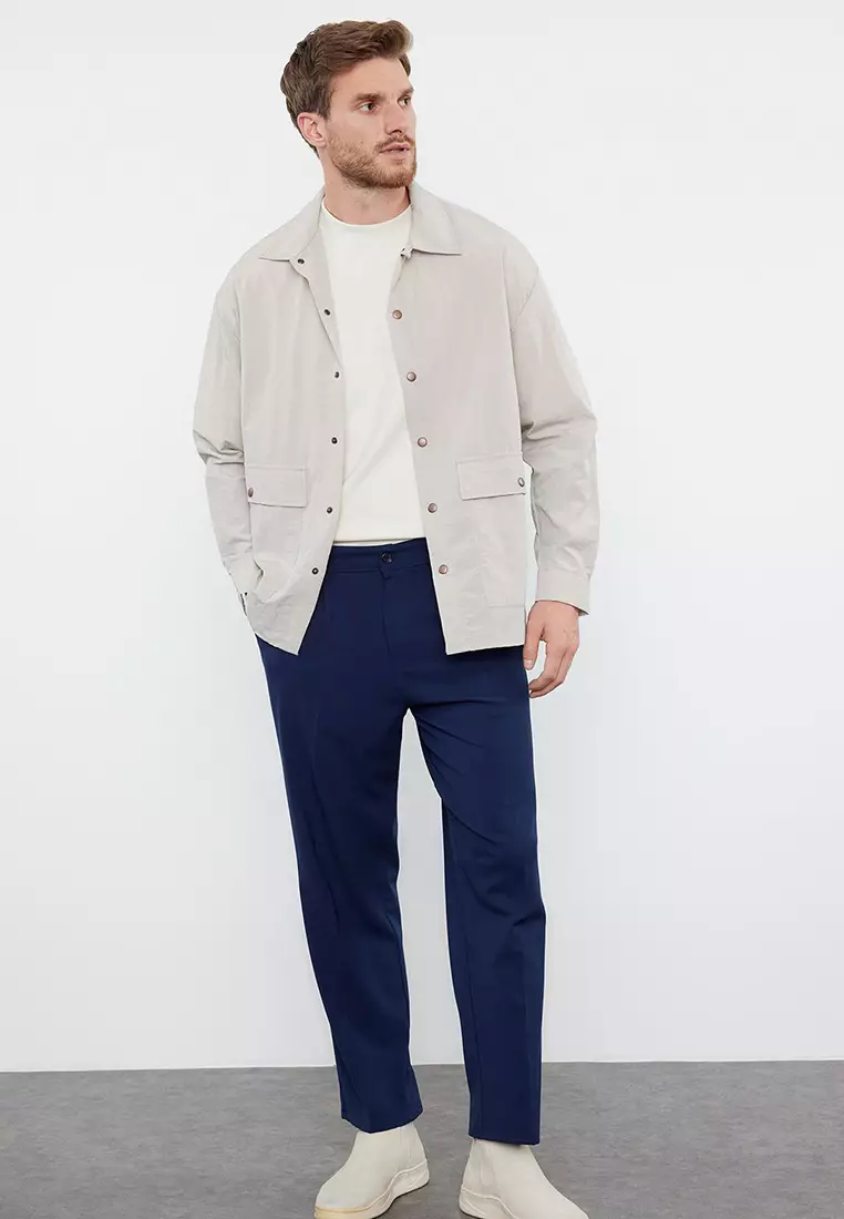 Navy Blue Pleated Classic Baggy Fit Fabric Trousers TMNSS24PL00024