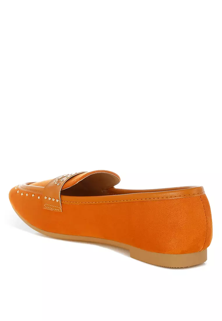 Penny Strap Studded Loafers In Tan