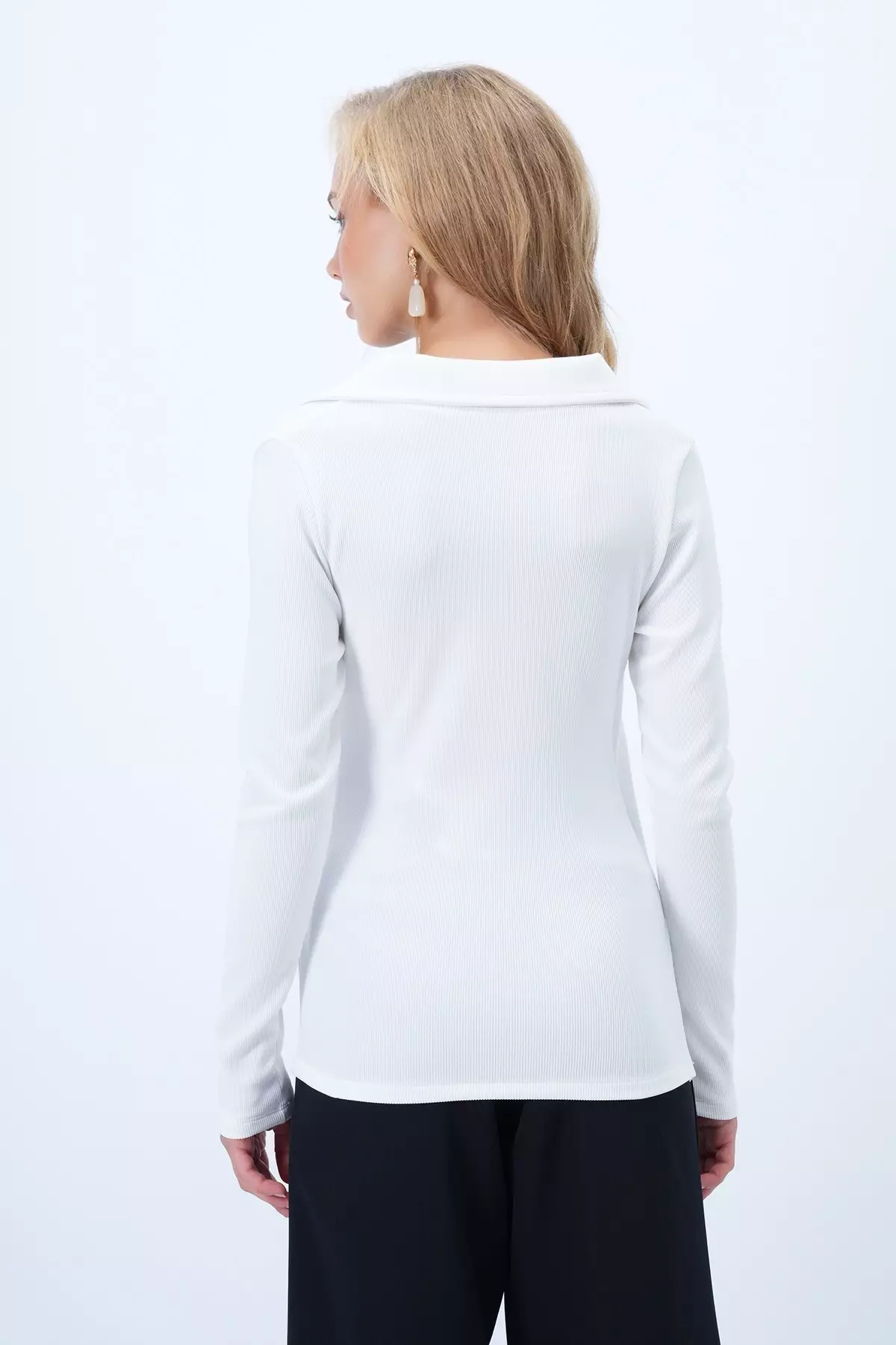 Women's White Shirt Collar Double Breasted Cut Drape Detailed Ottoban Blouse Alc-X14344
