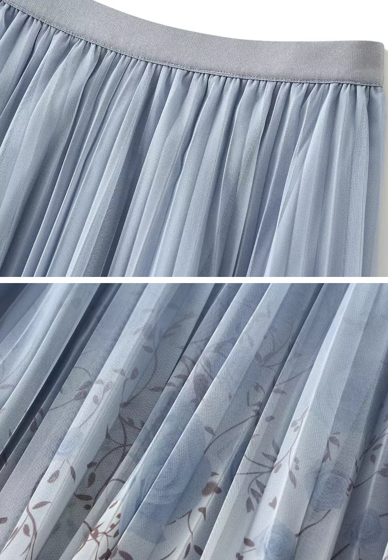 Floral Mesh Pleated Skirt AF-J898