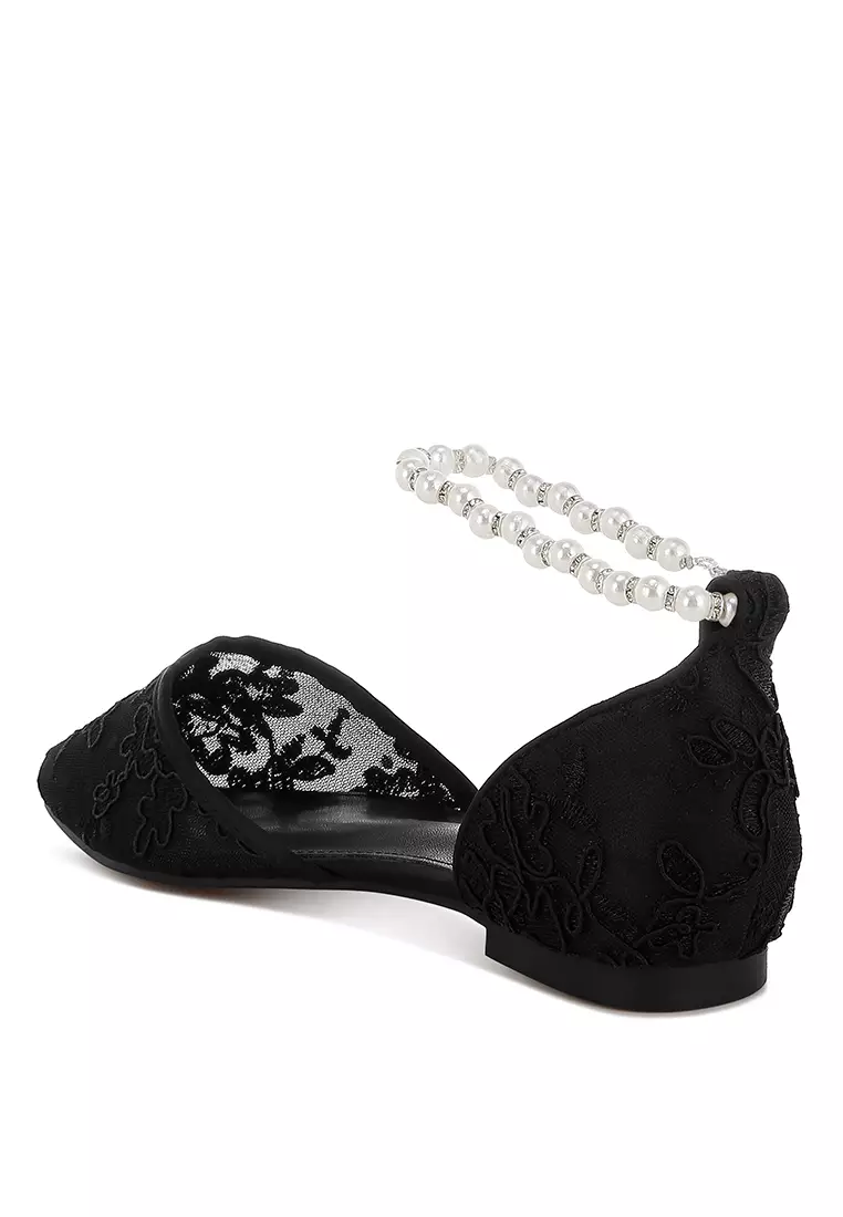 Sandal Datar Tali Mutiara & Berlian Imitasi Warna Hitam