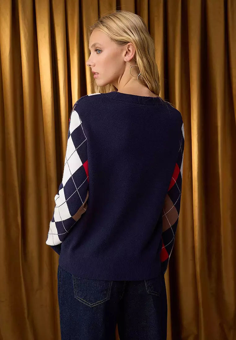 Navy Blue Premium Yarn/Special Yarn Diamond Patterned Knitwear Cardigan Twoaw26Hi00158