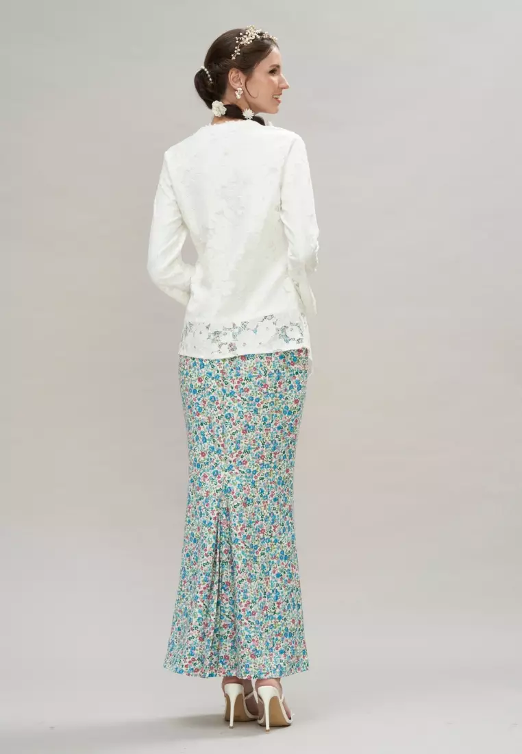 Premium White Applique Lace Kebaya Top & Teal Floral Maxi Skirt Hari Raya