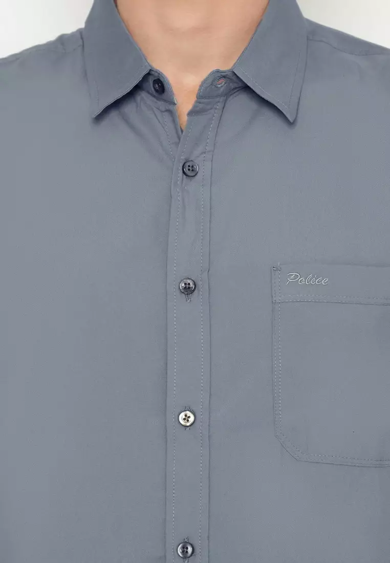 POLICE Kemeja Polos Basic Cotton Soft Blue Grey Regular Fit Pria