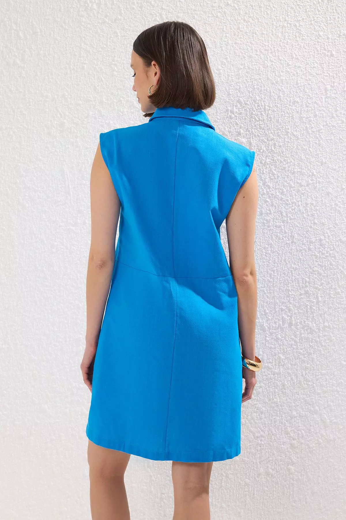 Saks Straight Cut Pocketed Shirt Collar Linen Look Mini Woven Dress TWOSS22EL1068