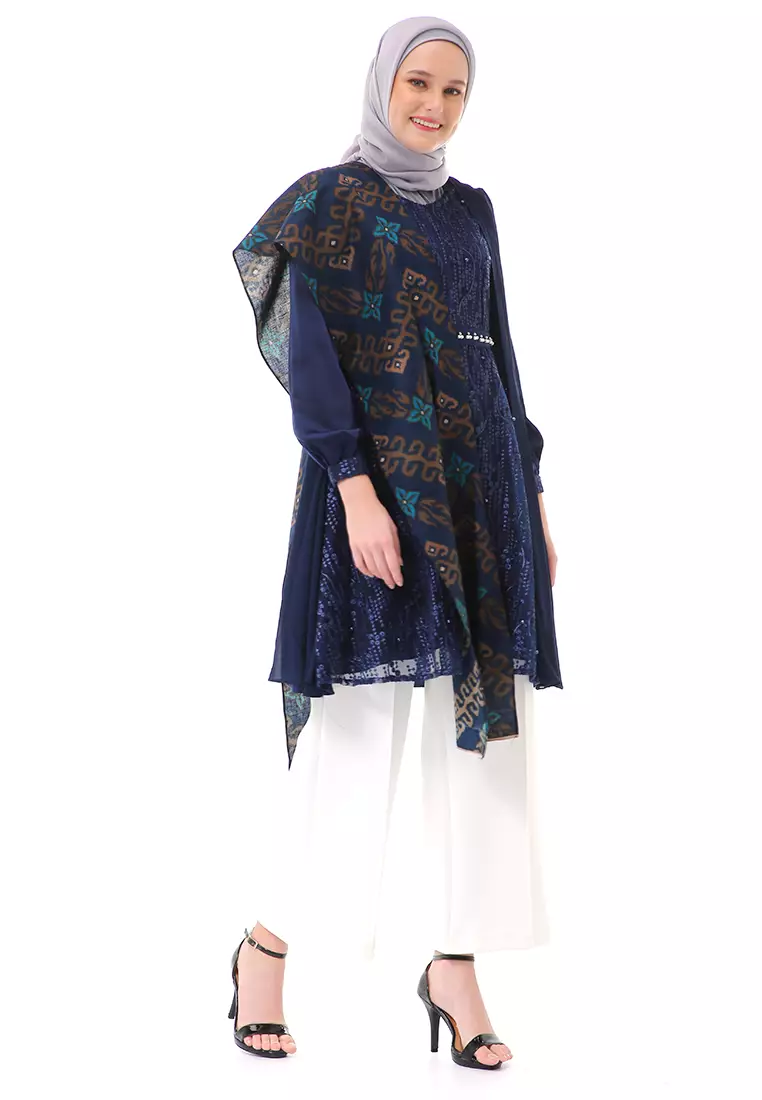 Anevay Long Slevee Baju Batik Atasan Wanita Premium Quality - Navy