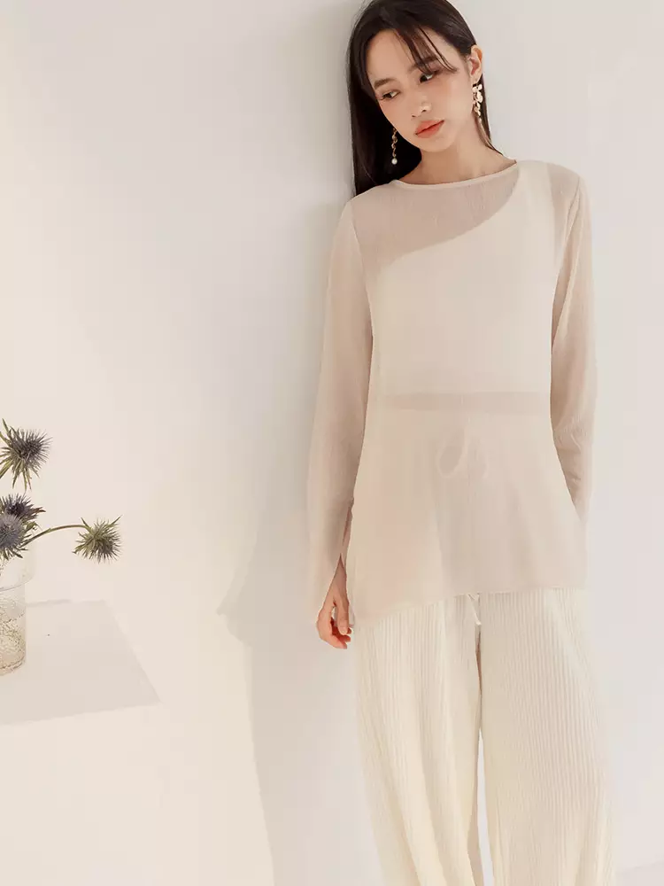Crinkle-textured drawstring straight-leg wide pants [BA7626]