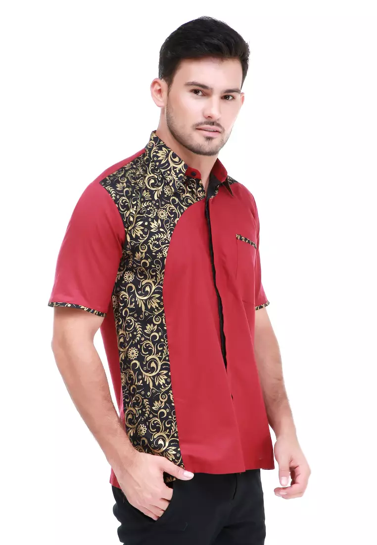 Dwan Kemeja Batik Pria Right Side Atasan Formal Shortsleeve Shirt Material Cotton ORIGINAL - Maroon
