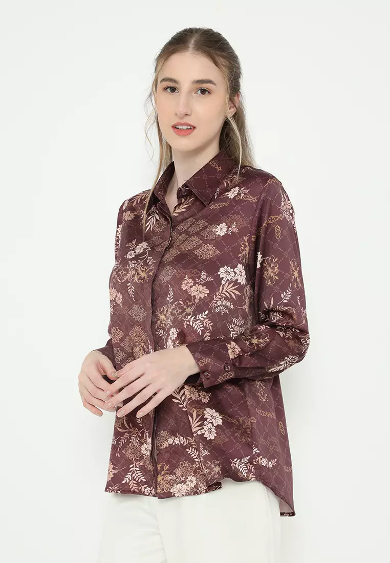 Floral Shirt Armany Silk Long Sleeve In Burgundy By Brilliant Girl Warna UNGU