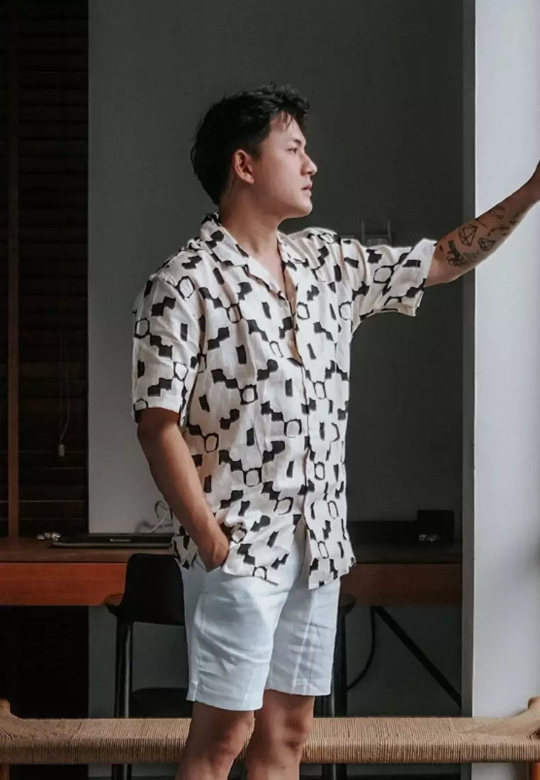 Austin Kemeja Linen Lengan Pendek Pria Cream Motif | Linen Short Sleeve Shirt Men Patterned Cream