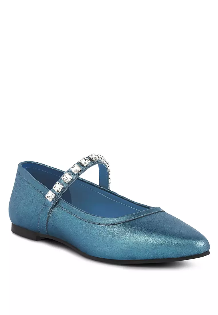 Buy RAG CO Blue Metallic Leather Mary Jane Flats 2024 Online