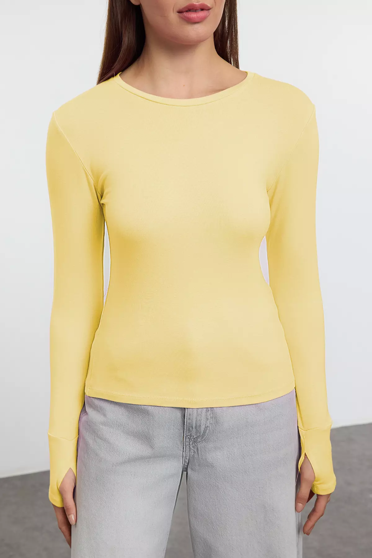 Yellow Viscose/Soft Fabric Finger-Touch Detailed Flexible Knitted Blouse Twoaw25Bz00014