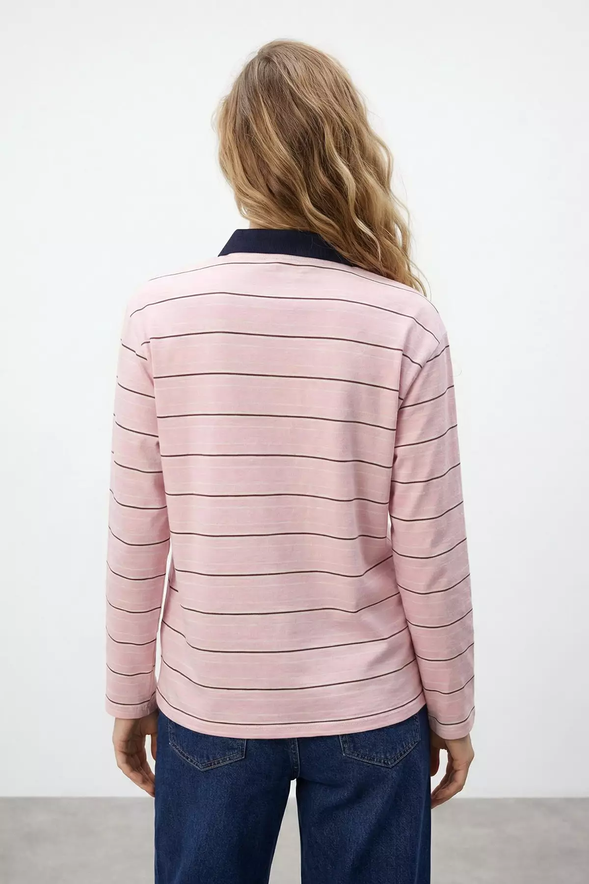 Pink Striped Regular/Normal Fit Polo Neck Zipper Tok 1% Cotton Knitted T-Shirt Twoss26Ts33