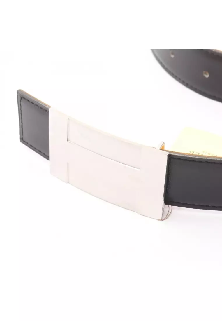 Pre-Loved Hermès H-plate reversible belt leather black yellow silver hardware □ A stamp