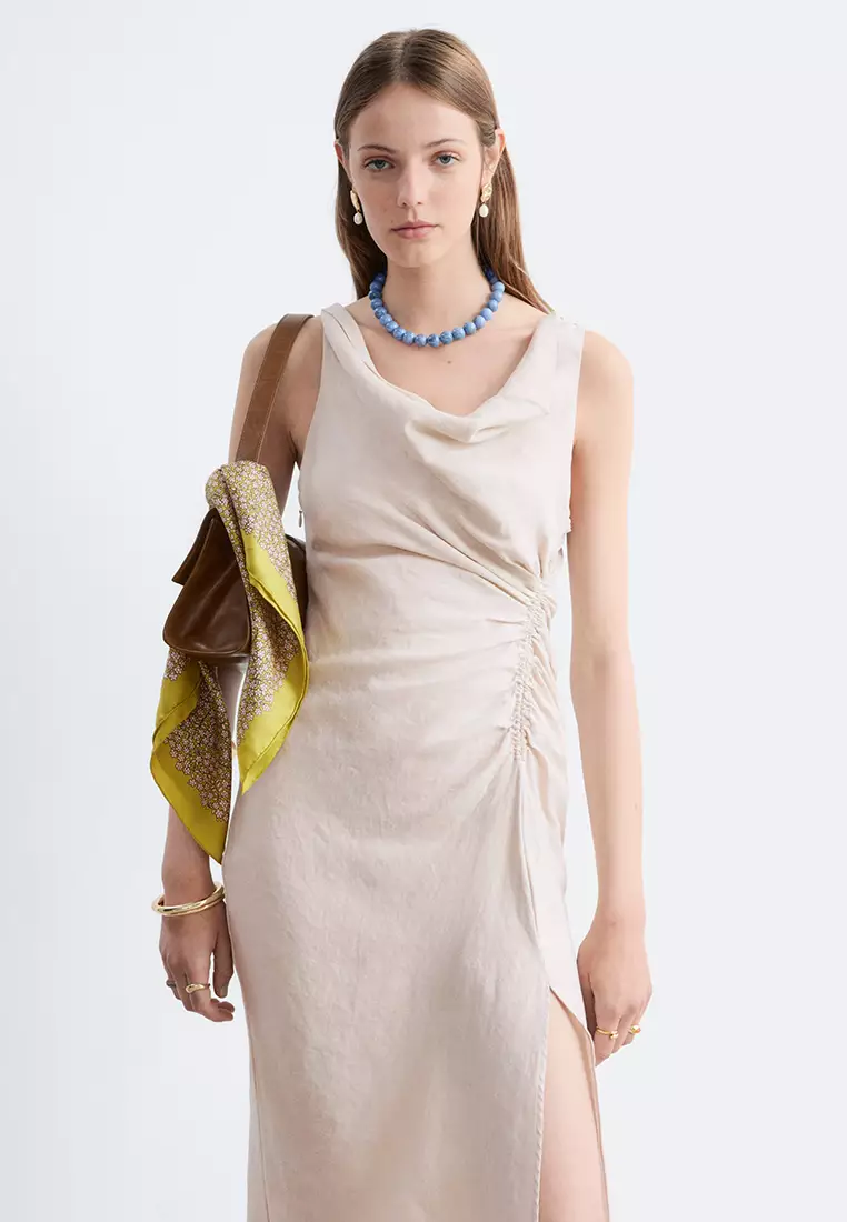 Twist-Strap Linen Midi Dress