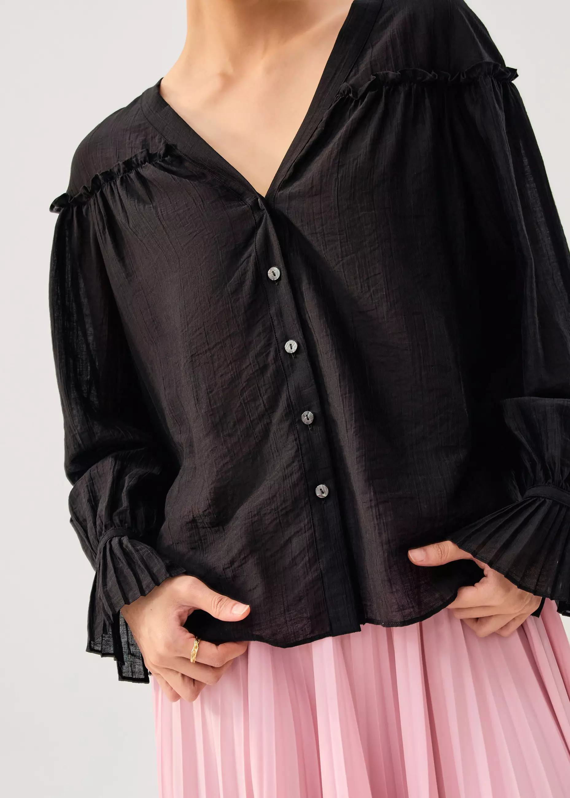 Atasan Wanita - Relaxed Ruffle Trim Lyocell V-neck Long Blouse