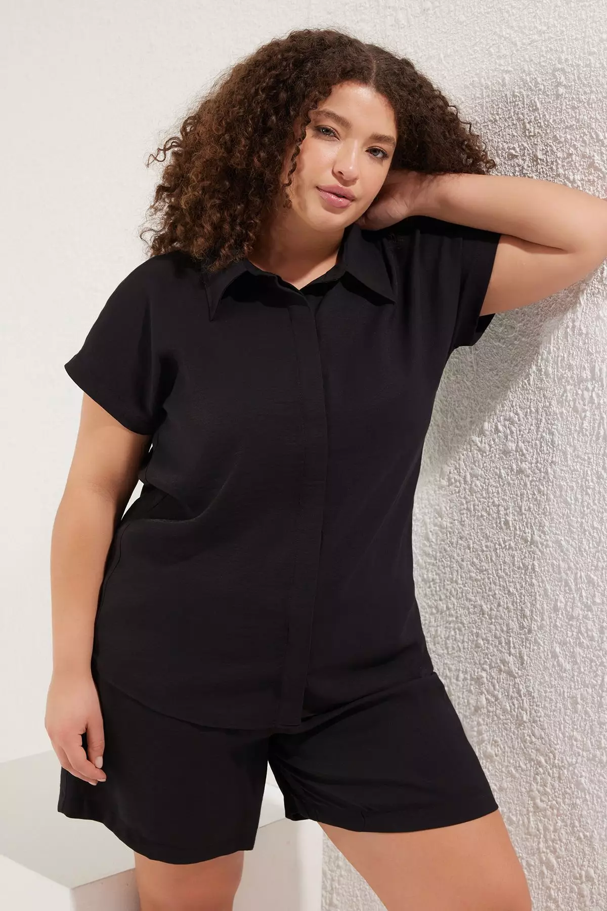 Black Woven Plus Size Shirt-Shorts Upper-Lower Team TBBSS25CP00007