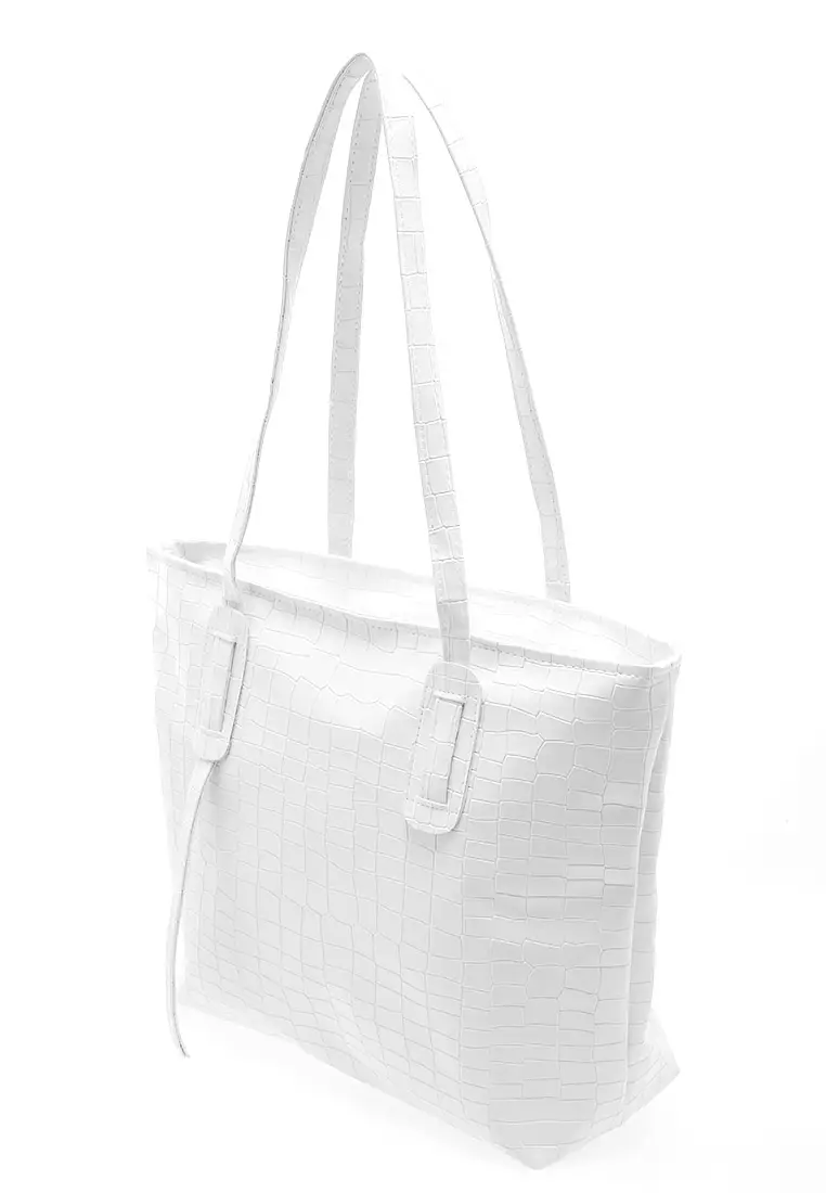 Vonica Tote Bag Motif Crocodile Tas Wanita Quality Premium - White