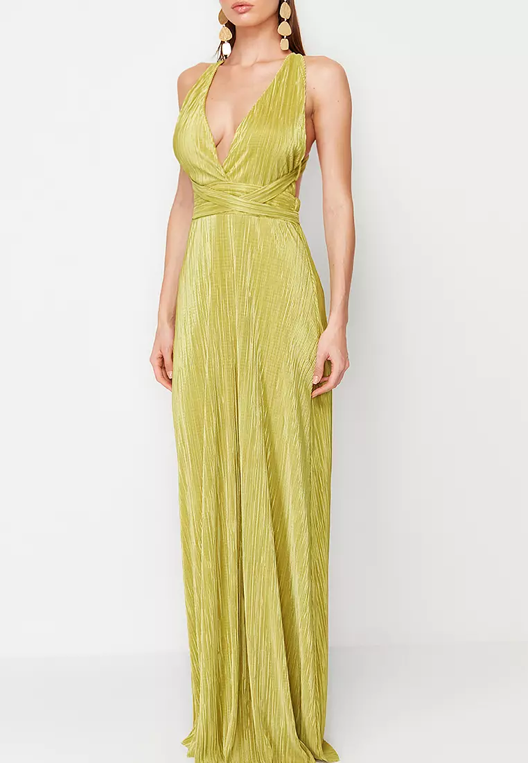 A-Cut Belted Lined Long Elegant Evening Dress