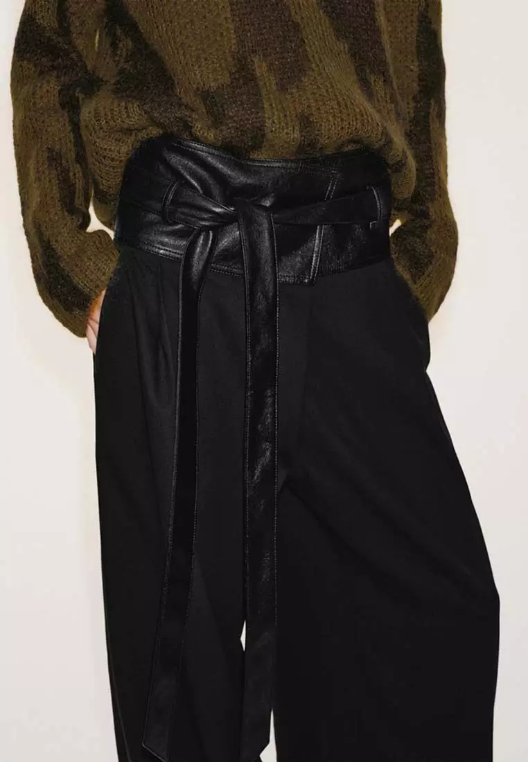Wool Blend Wide Leg Pants with Faux Leather Waist Contrast