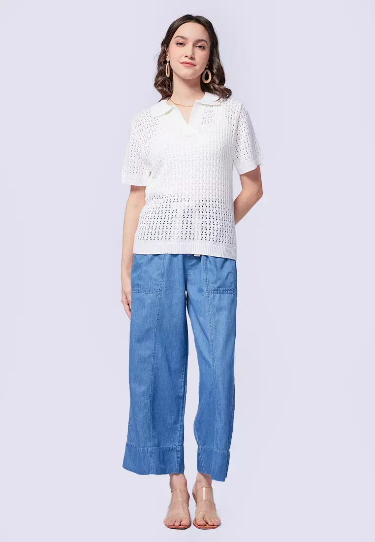 Open Work Knit Polo Top OFF WHITE