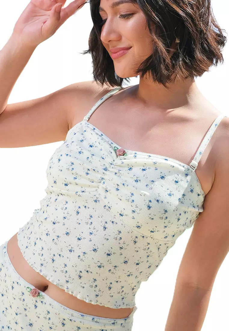 Ditsy Floral Print Ribbed Jersey Tube Top And Skirt Set With Picoting And Satin Rosebud Details With Detachable Straps