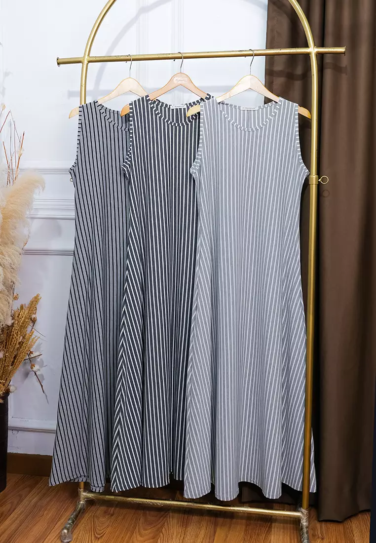JV Hasanah Sheilla Sleeveless Big Stripes Dress Silver | Gamis Kensy Inner Salur