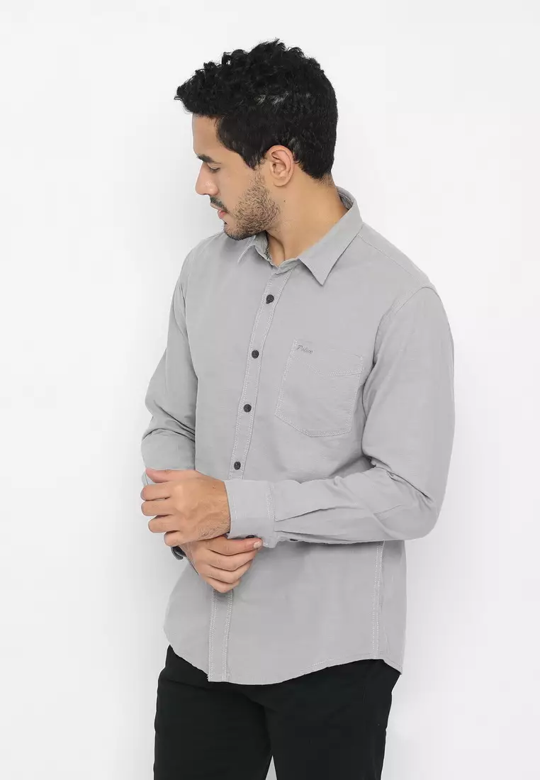 POLICE Kemeja Polos Cotton Slub Light Grey Regular Fit Lengan Panjang Pria