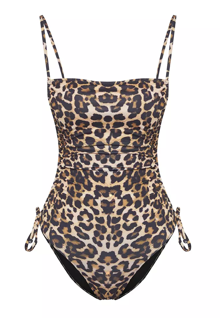 Leopard Patterned Square Neck Gathered Detailed Strappy Brazilian Swimsuit TBESS25MA00066