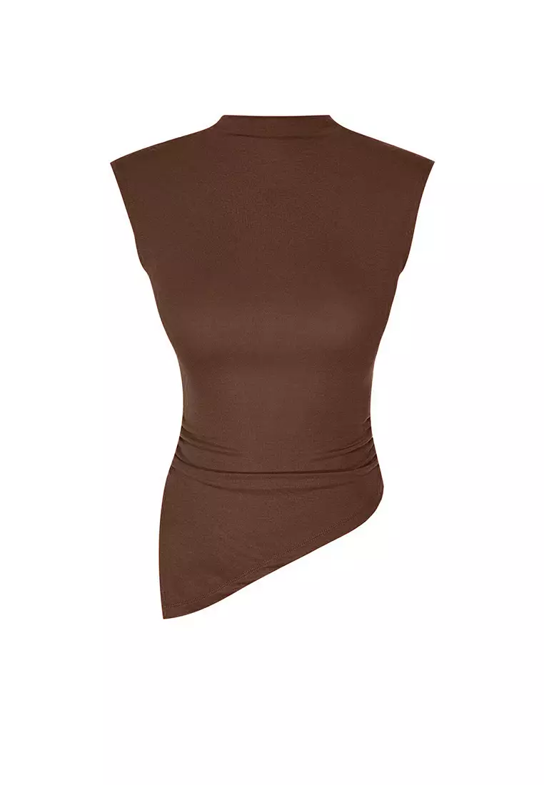 Brown Stand Collar with Gather/Drape Detail Fitted/Asymmetrical Knitted Blouse TWOSS24BZ00534