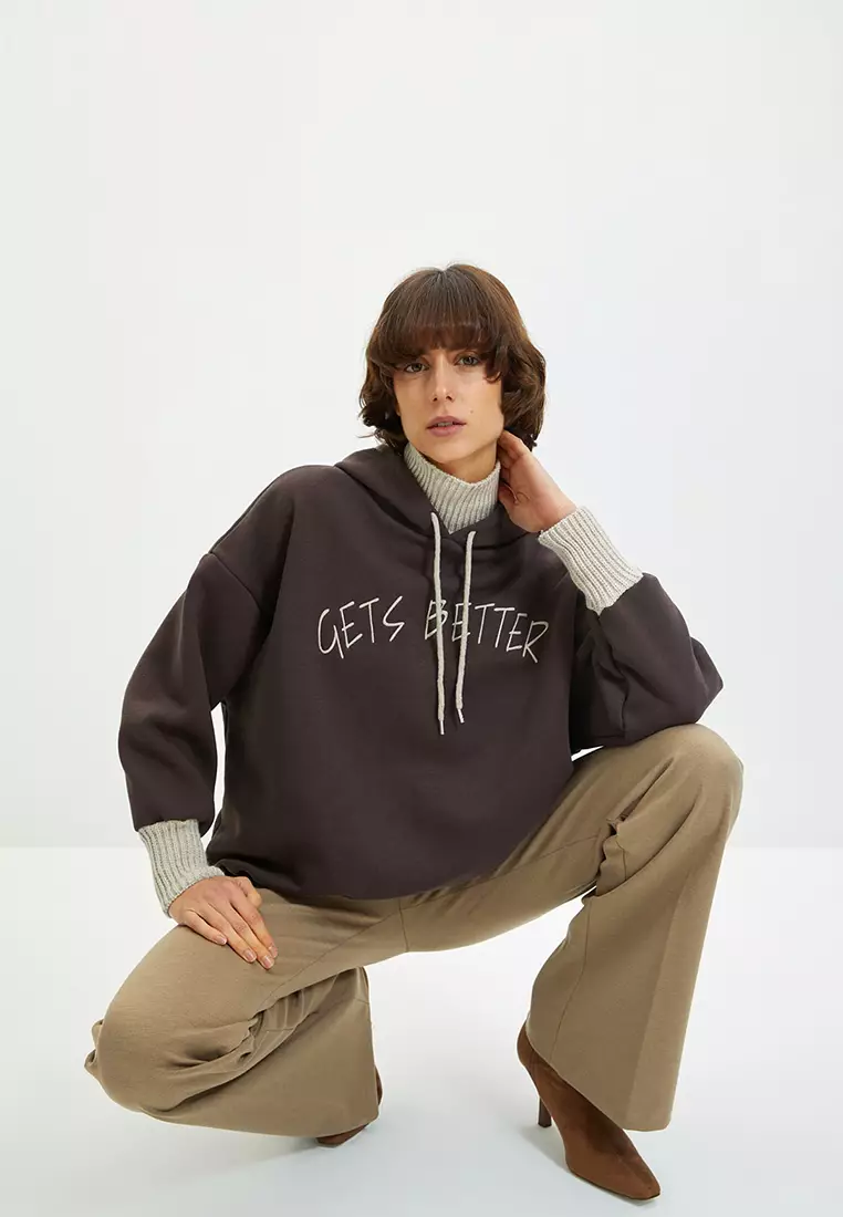 Brown Thick Fleece Inner Tricot Tape Detailed Hooded Knitted Sweatshirt
