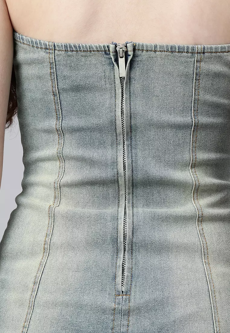 無肩帶牛仔迷你連身裙