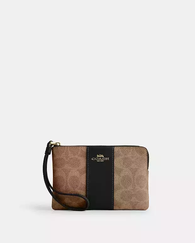 Corner Zip Wristlet In Signature Canvas With Stripe Gold/Tan/Black