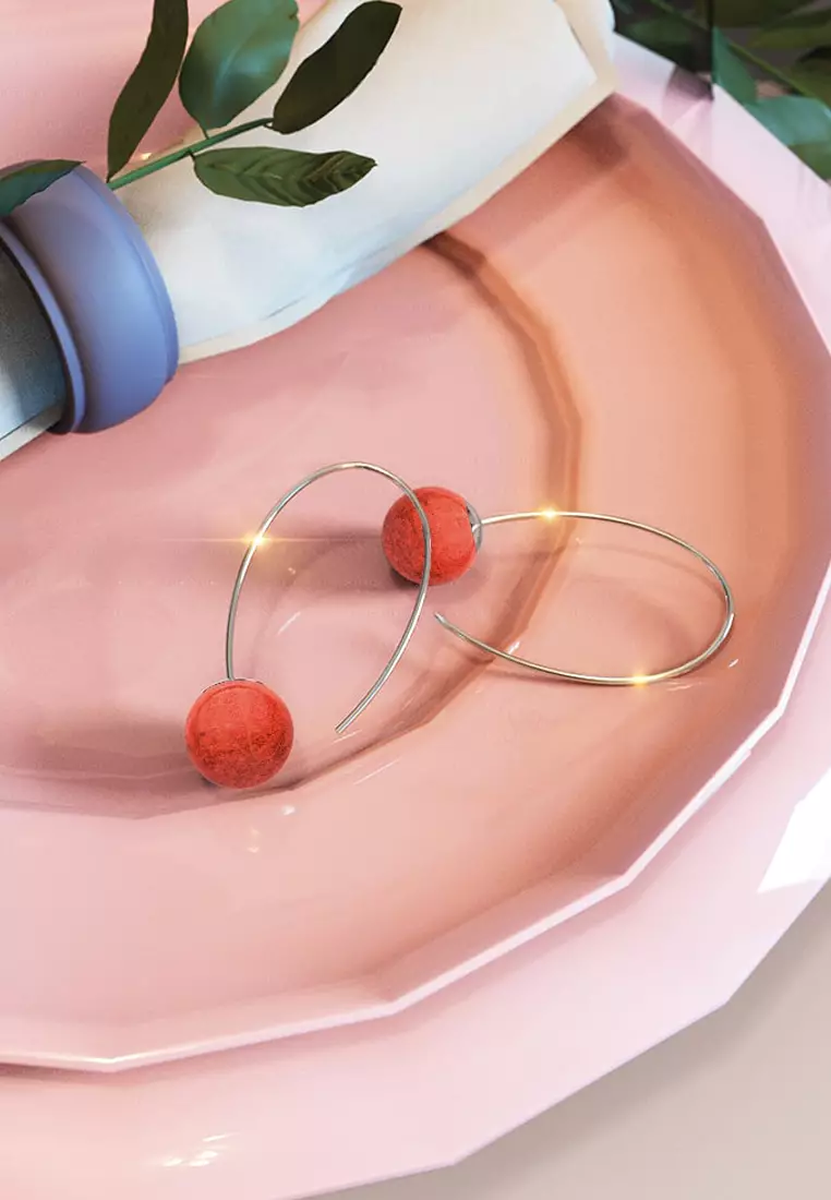 Round Red Coral Dangle Earrings-Silver/Red