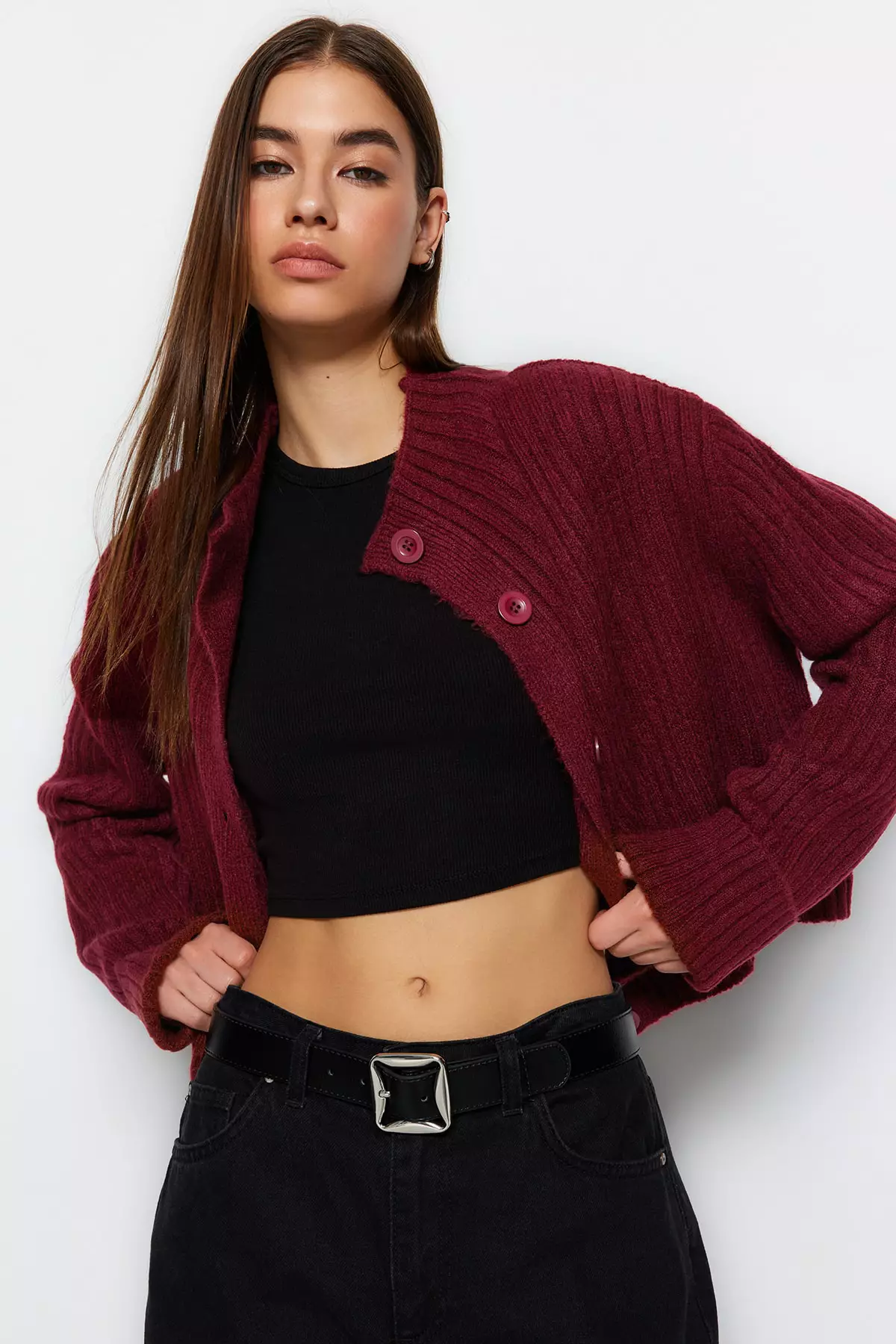 Claret Red Crop Soft Textured Stand Collar Knitwear Cardigan Twoaw22Hi174