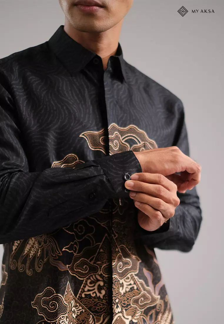 My Aksa Kemeja Batik Pria Lengan Panjang Trikot Mahaveer Black