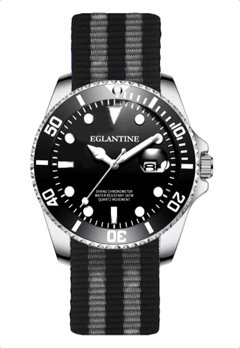 EGLANTINE black and grey and blue EGLANTINE® Diver's Watch, Steel Case, Black Dial and Turning Bezel, Quartz Movement, Black & Grey NATO Strap 67CA0AC1E56A2EGS_1