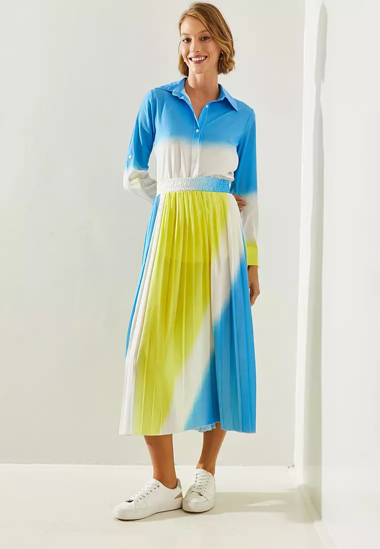 Women's Pleated Elastic Waist Skirt Shirt Top And Bottom Set 2135 60251663