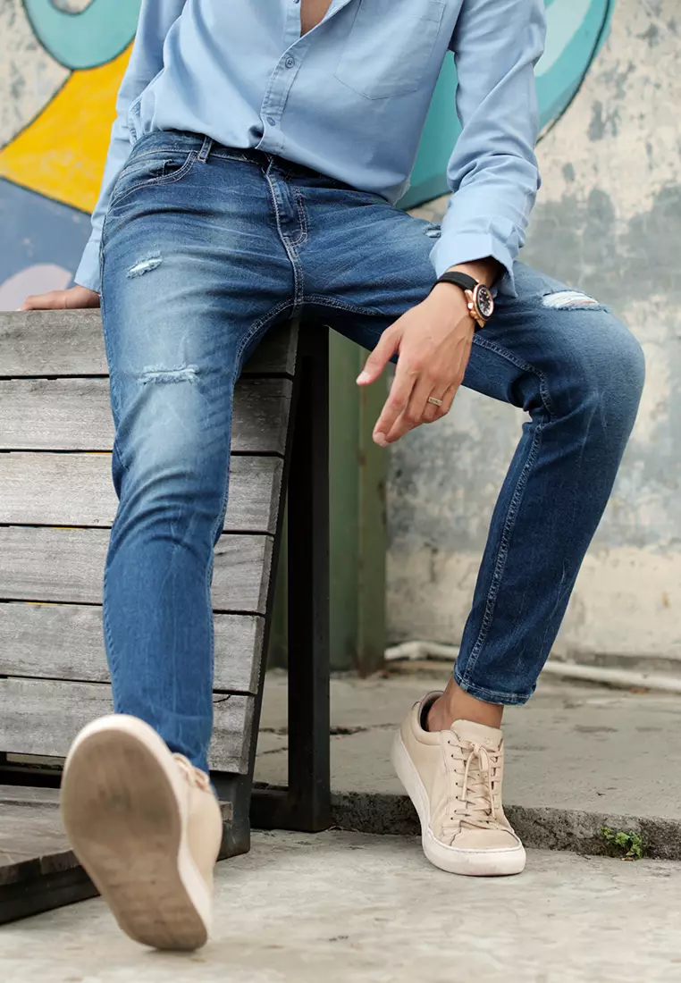 Skinny Ripped Jeans Stretch Dark Blue OXCON