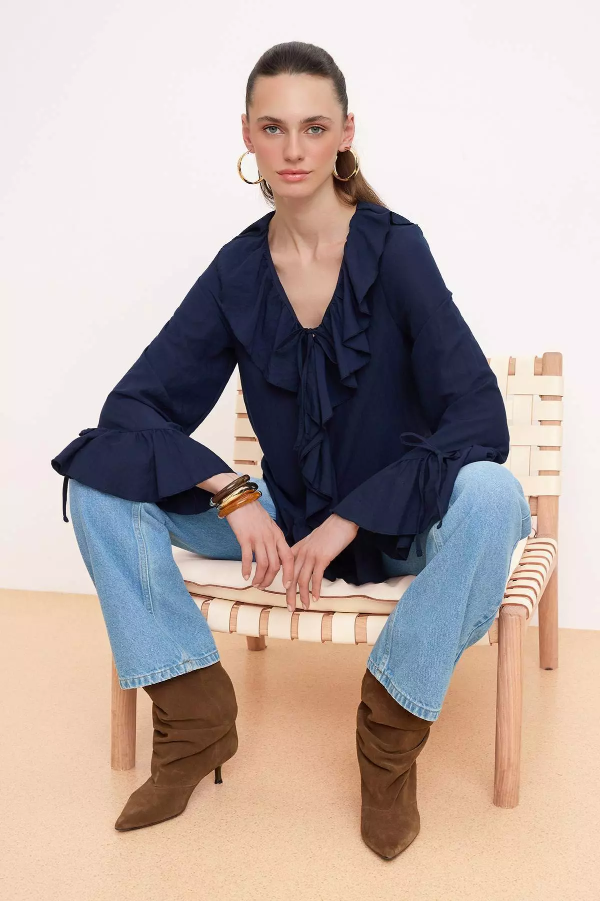 Navy Blue Ruffle Detailed Woven Blouse Twoaw26Bz00290 B