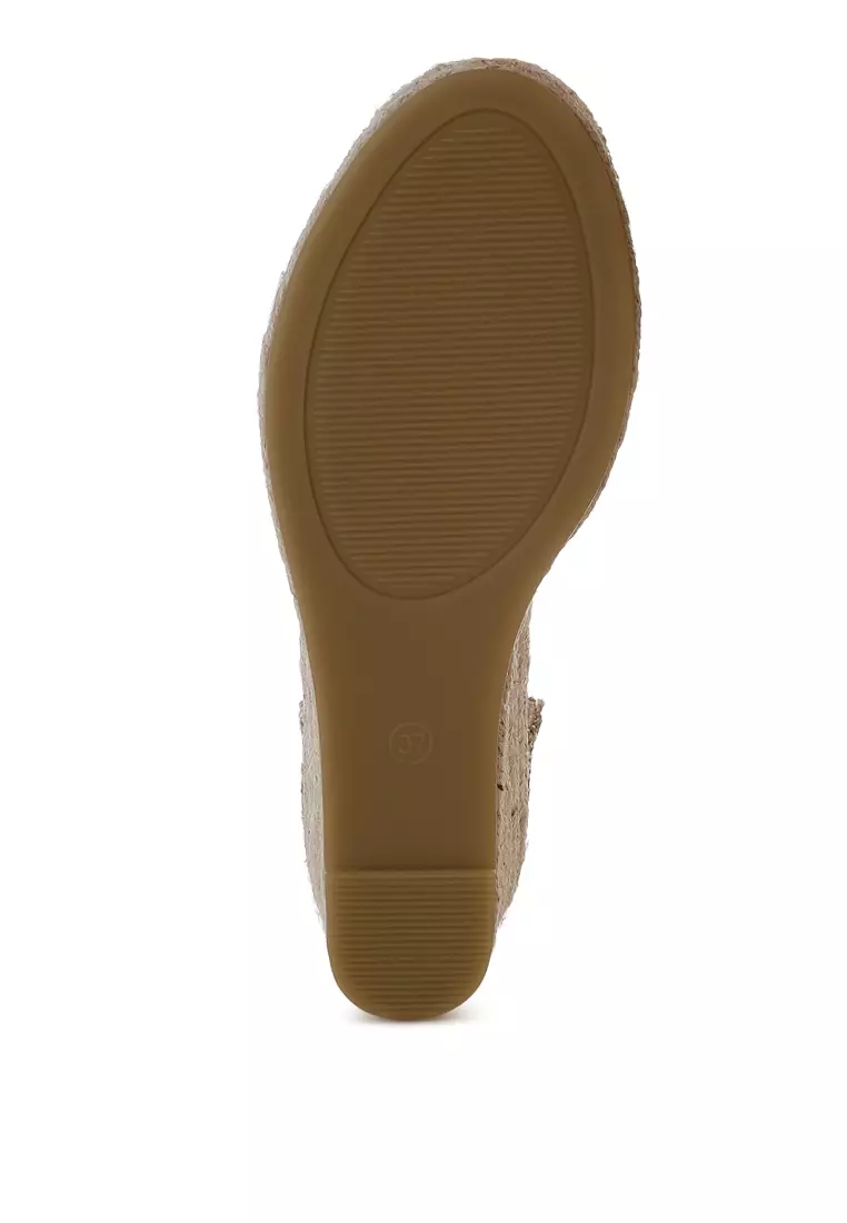 Beige Raffia Woven Wedge Sandals