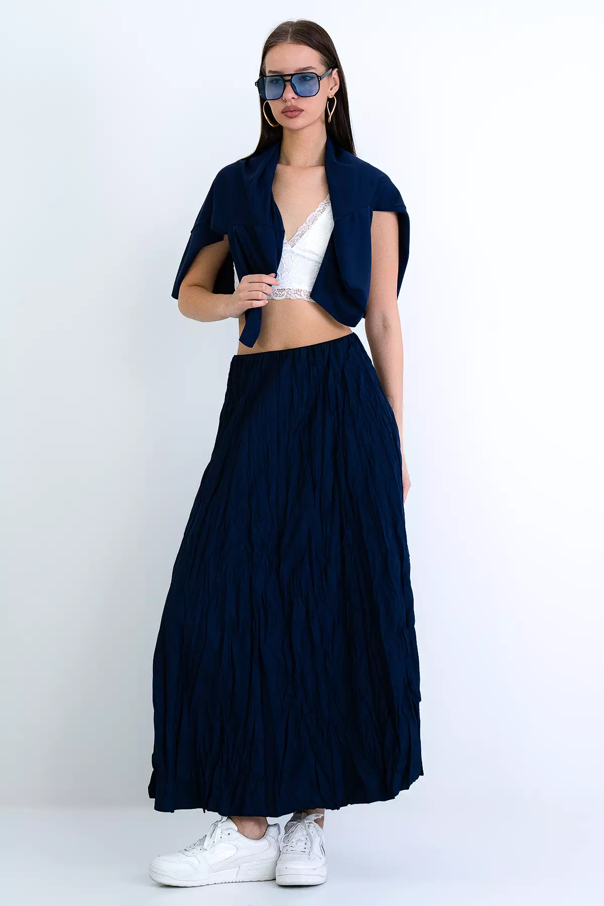 Navy Blue Soft Crush Textured Midi Skirt Alc-X15225