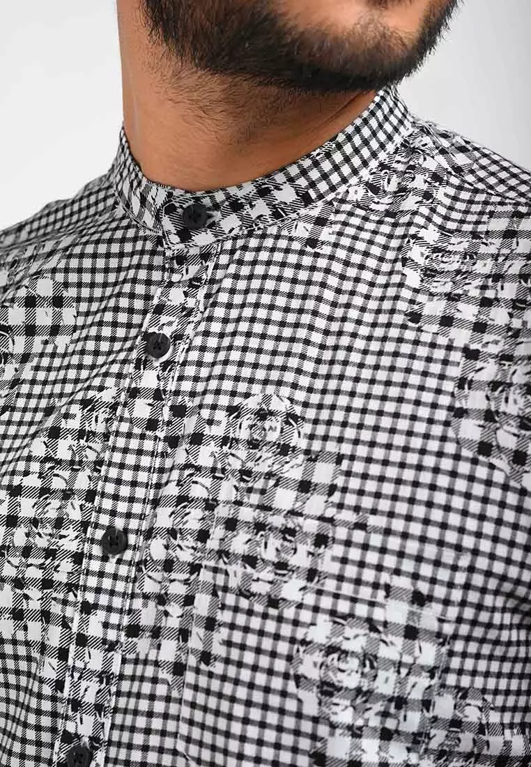 MANZONE Kemeja Shanghai Pria Lengan Panjang Pria ARYAN - White Blue Warna WHITE BLACK