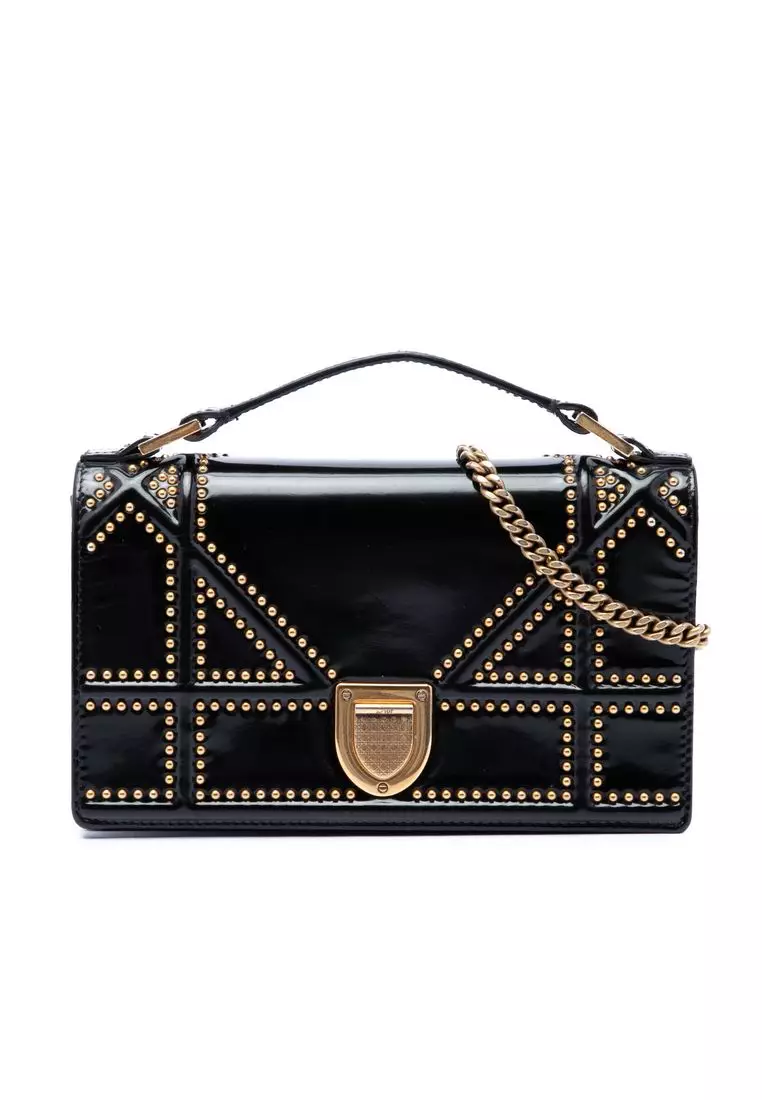 Pre-Loved Dior Studded Patent Diorama Top Handle Wallet On Chain