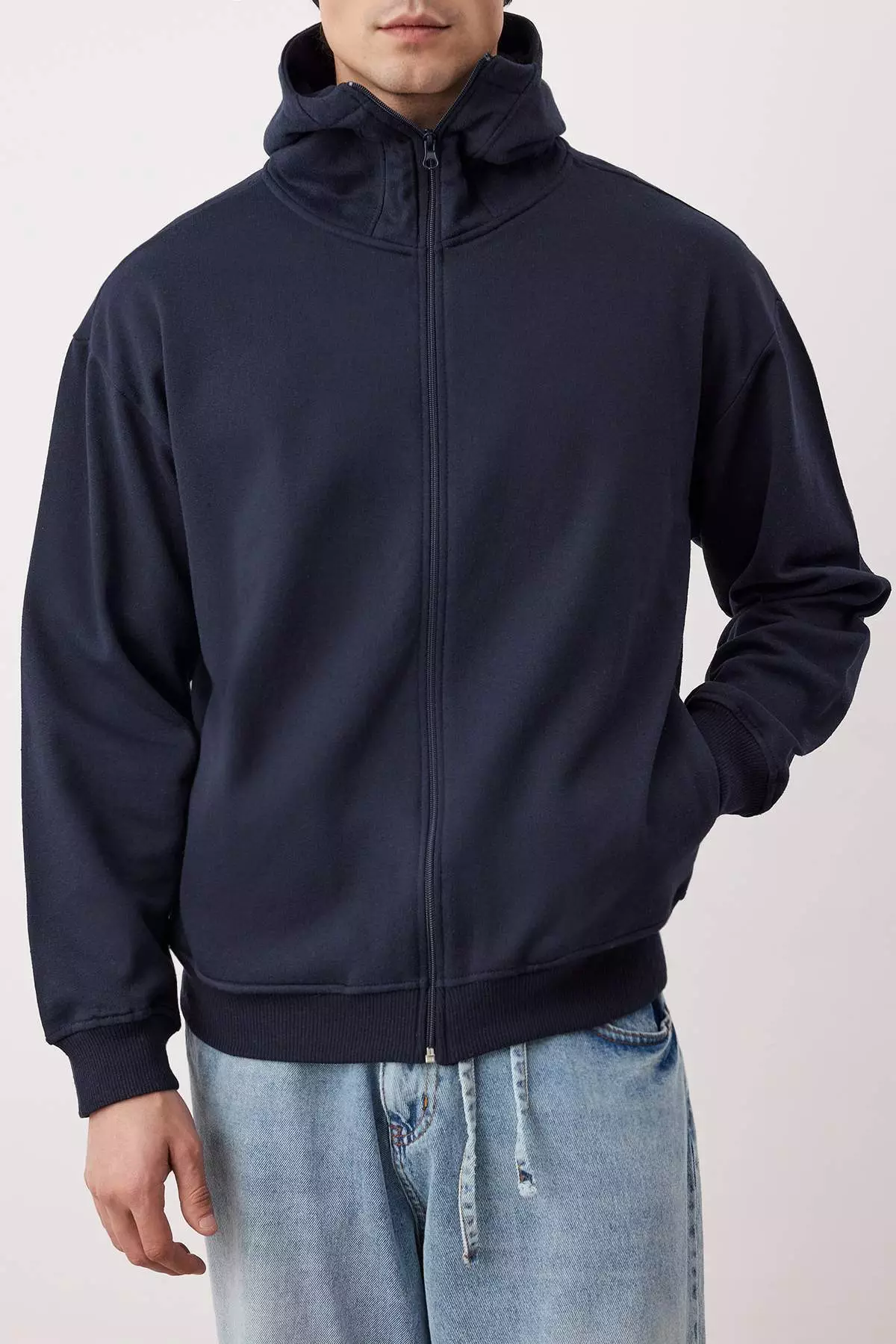 Navy Blue Oversize/Wide Cut Zippered Warm Hooded Sweatshirt-Cardigan