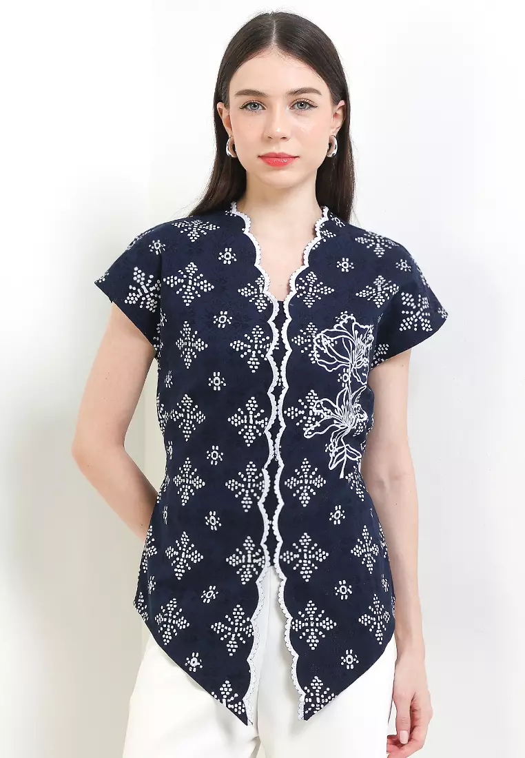 Blouse Batik Cap Dobby Atasan Wanita Spesial JFW Collection Binar Andara Katun Bordir Embro Navy