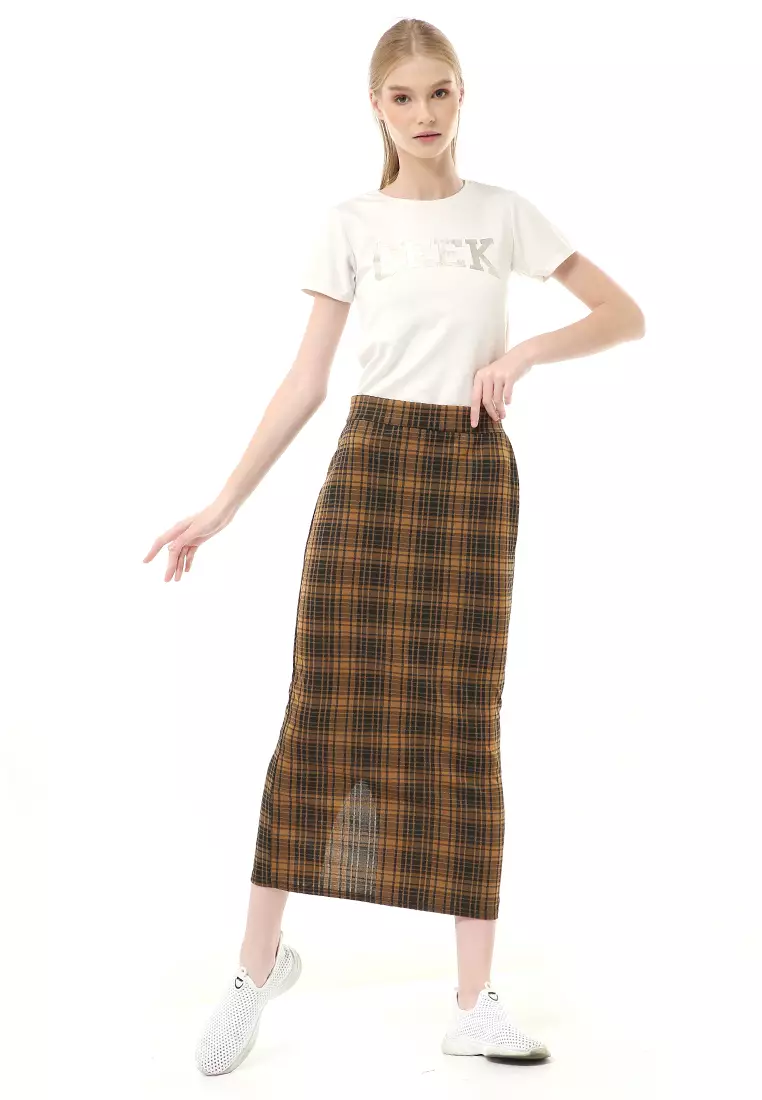 Malina Rok Span Tartan Bawahan Wanita All Size Motif Kotak High Quality - Caramel