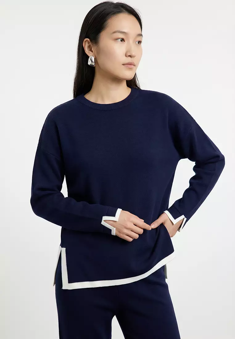 Navy Blue Wide Cut Contrast Color Knitwear Bottom-Top Set TWOAW24AU00062