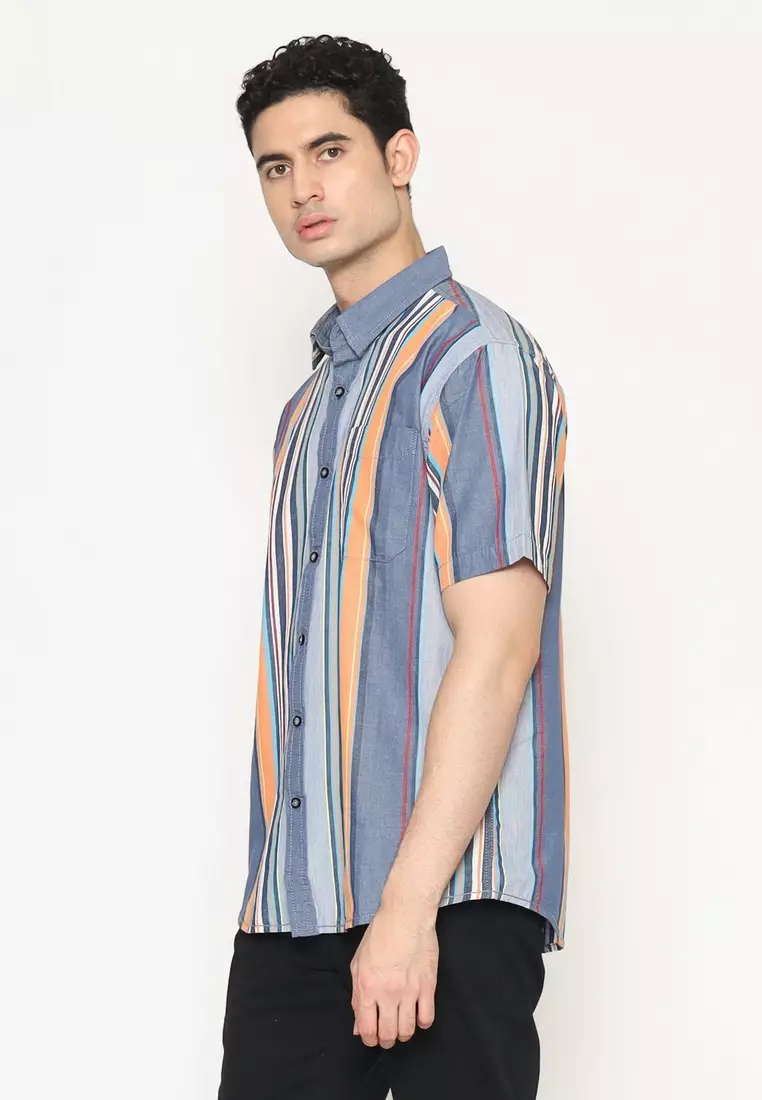 POLICE Kemeja Salur Printing Biru Orange Regular Fit Pria